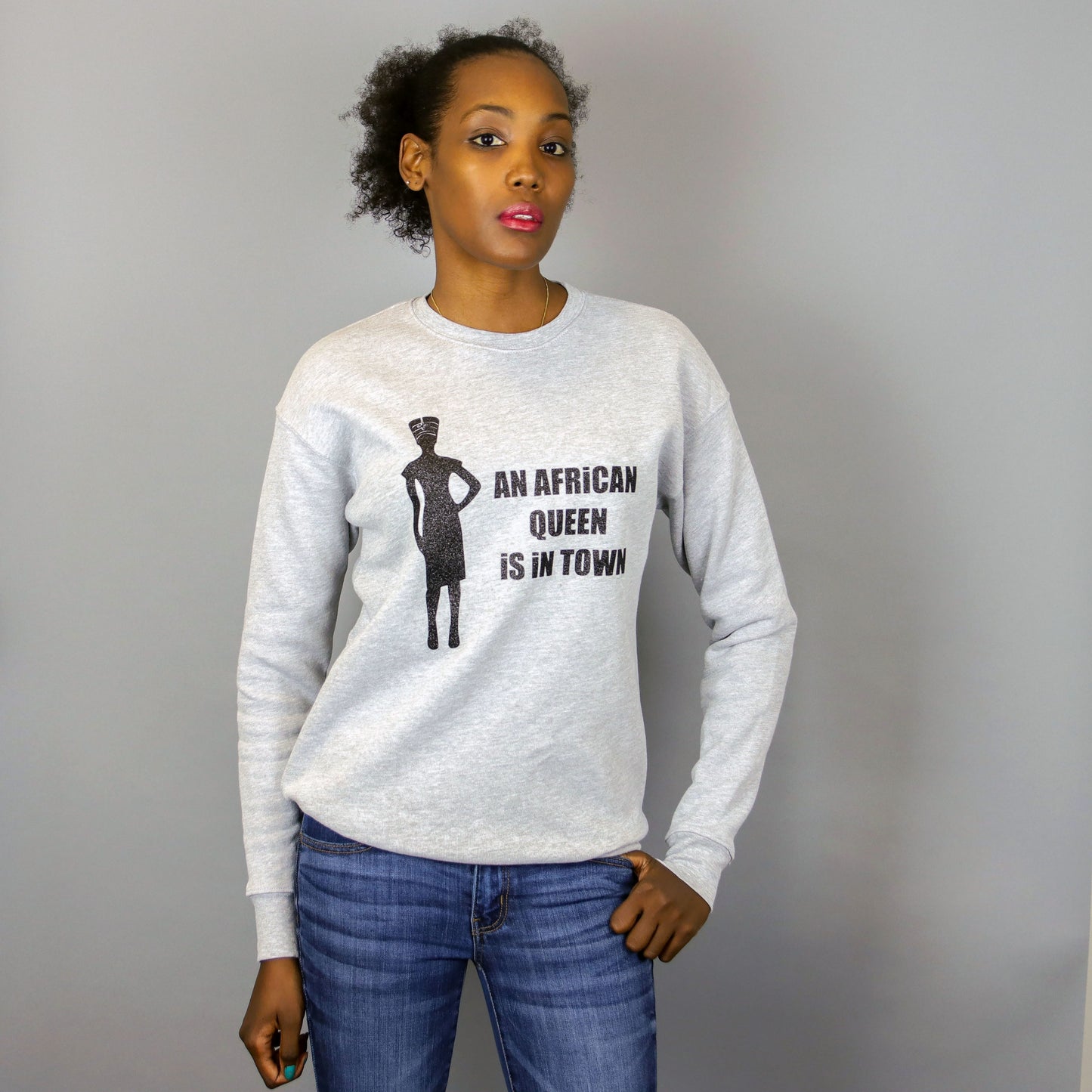 An African Queen is in Town Grey & Glitter Black Crewneck Sweatshirt