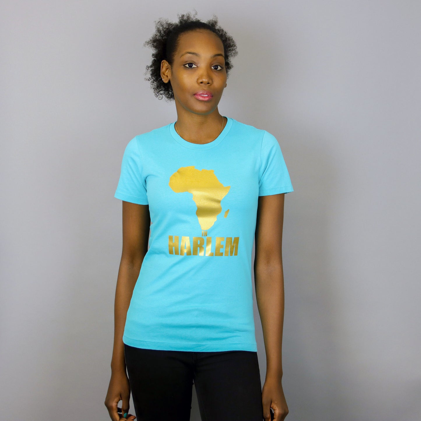 Africa in Harlem short sleeve T-shirt Turquoise & Gold – Women