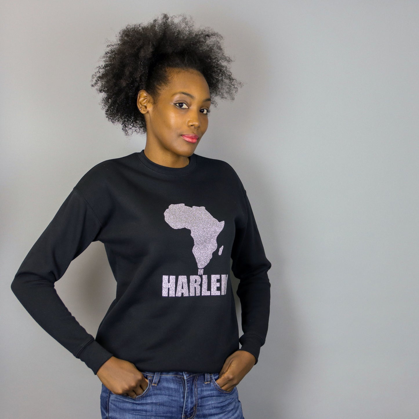 Unisex Africa In Harlem Black & Glitter Silver Crewneck Sweatshirt