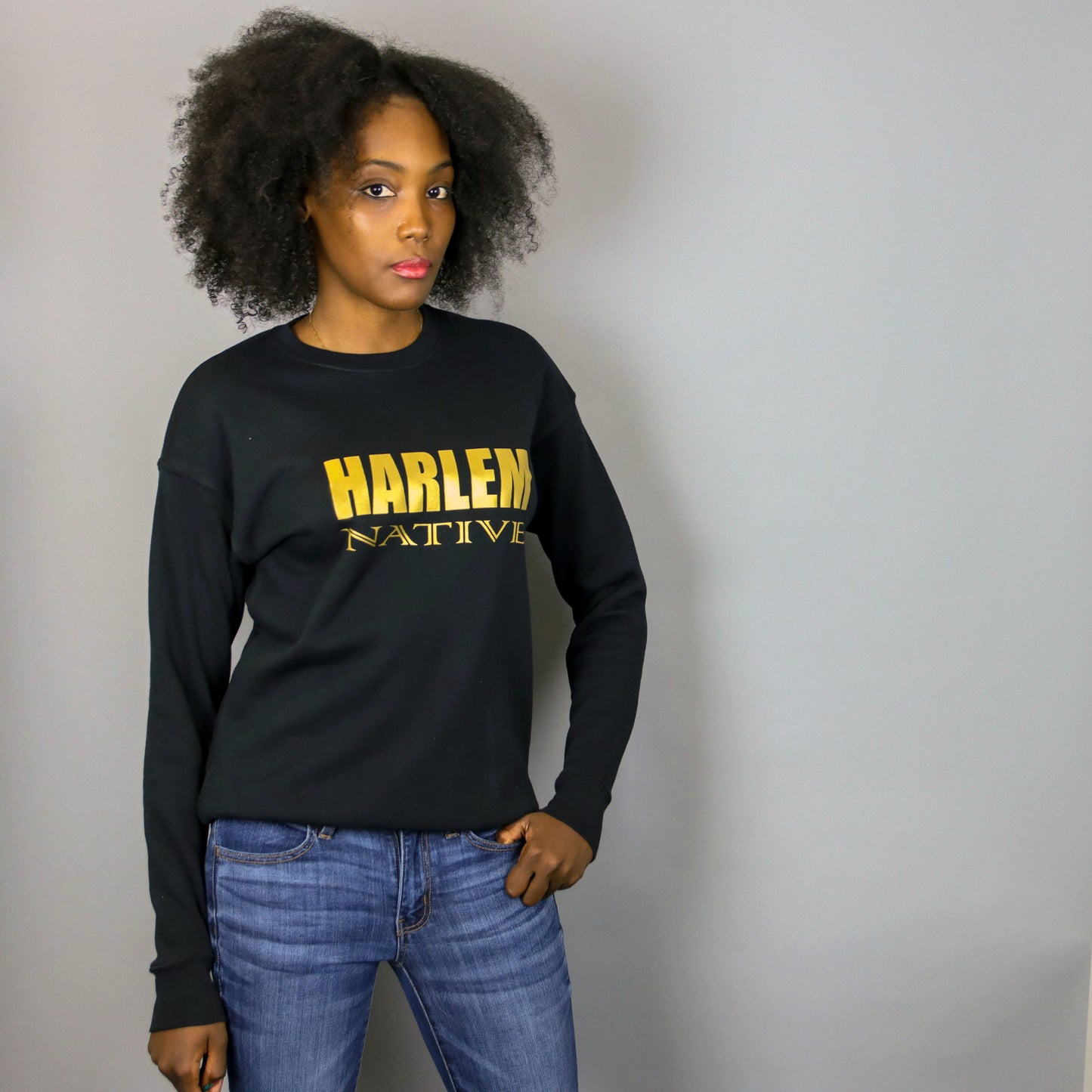 Unisex Harlem Native Black & Gold Crewneck Sweatshirt