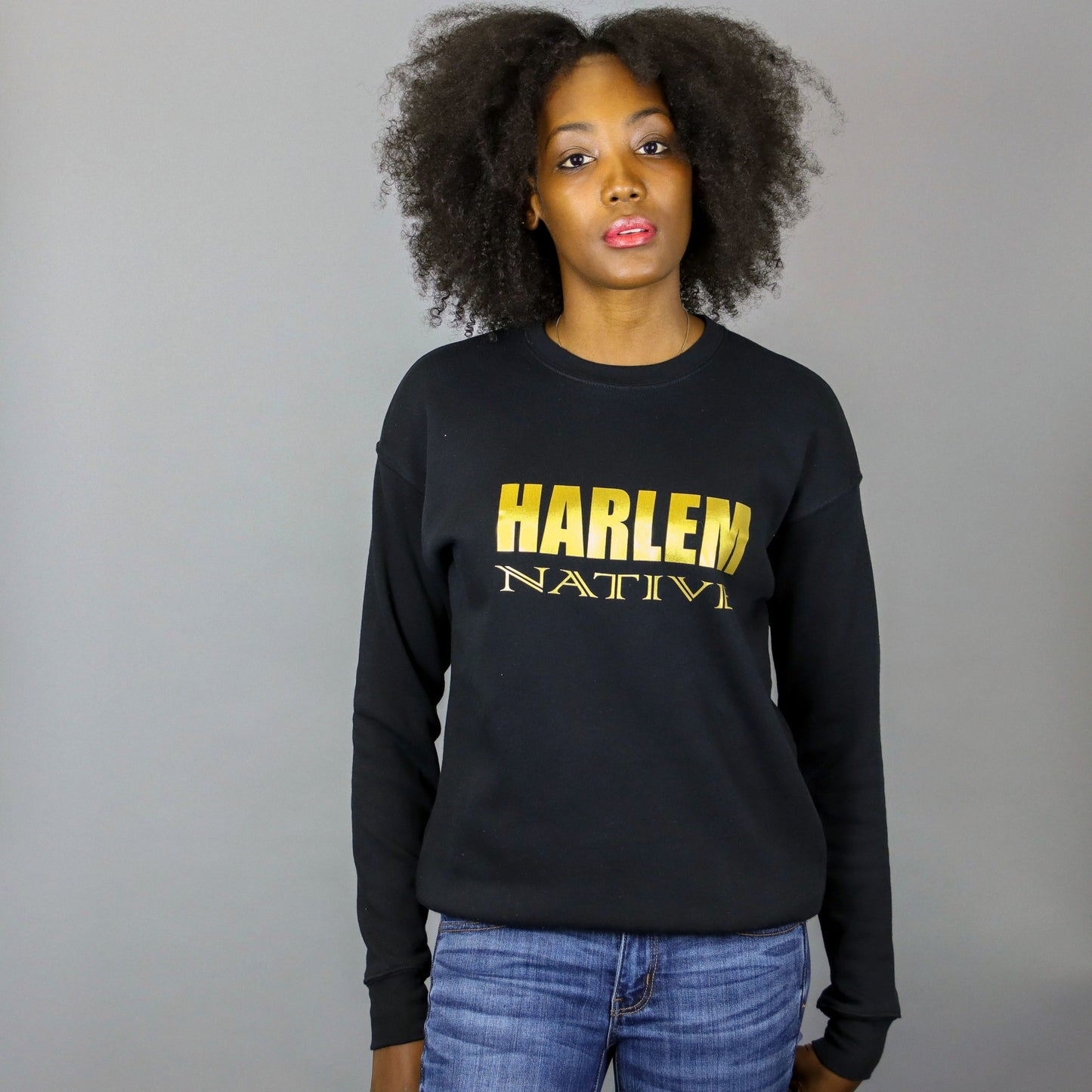 Unisex Harlem Native Black & Gold Crewneck Sweatshirt