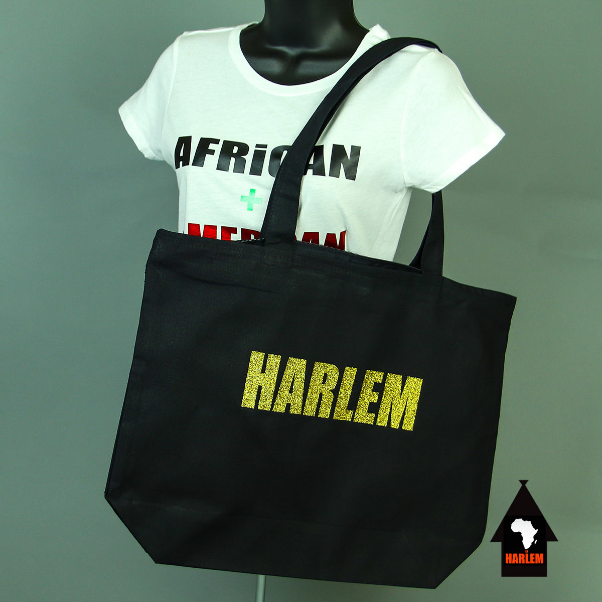 Harlem Tote bag Black & Glitter Gold with zipper